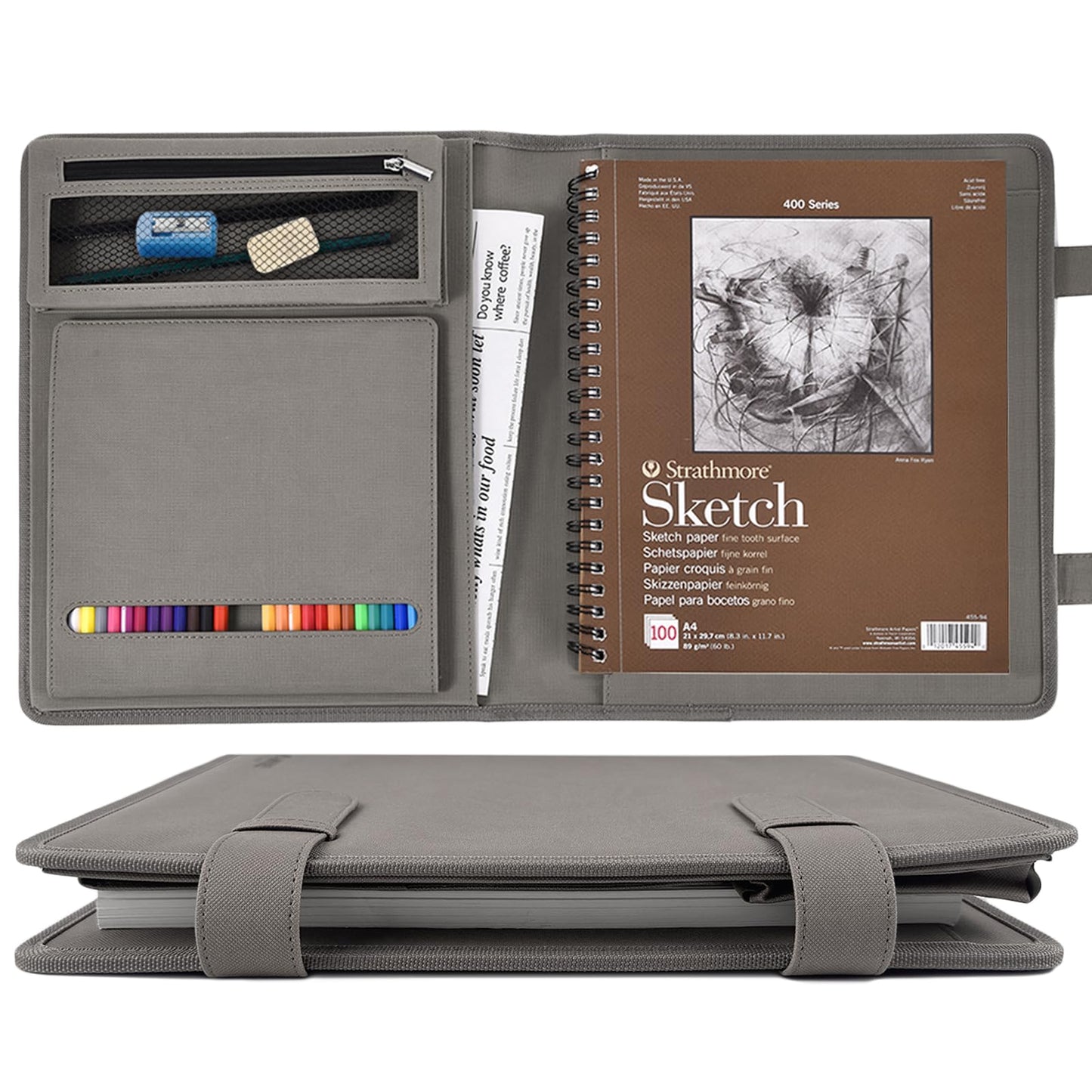 Plinyvel Leather Sketchbook Cover for 9x12 - Travel Portfolio Case with Storage, Holds Large Sketch Book & Spiral Pad | All-in-One Artist Organizer with Pencil Holder (Gray