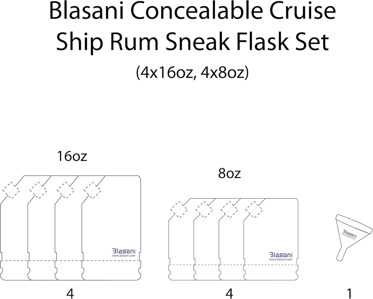 Concealable Cruise Ship Rum Sneak Flask Kit Set - 4x16oz, 4x8oz