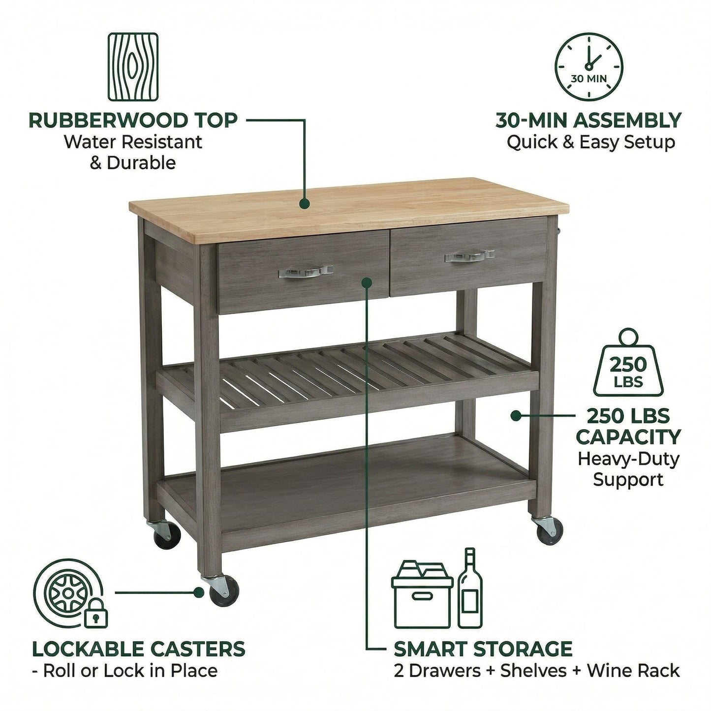 Casaphoria Amanda Collection Solid Wood Kitchen Island, 42" Butcher Block Cart with Rubberwood Top & Locable Wheels, Prep Table for Small Spaces (Weathered Gray)