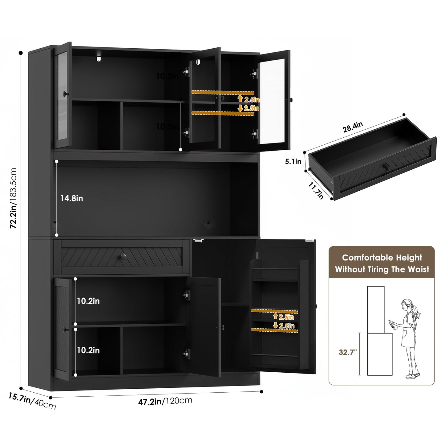 BOTLOG 72” Tall Kitchen Pantry Storage Cabinet, Modern White Kitchen Hutch with Large Storage Drawer, Countertop, Adjustable Shelves, Food Pantry Cabinets for Dining Room, Living Room (Black)