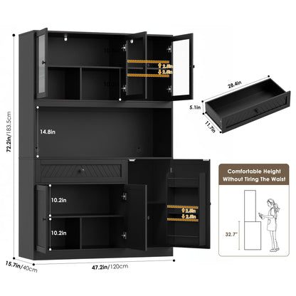 BOTLOG 72” Tall Kitchen Pantry Storage Cabinet, Modern White Kitchen Hutch with Large Storage Drawer, Countertop, Adjustable Shelves, Food Pantry Cabinets for Dining Room, Living Room (Black)