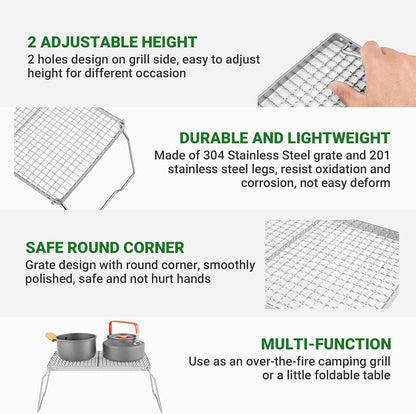 YETO Two Height Camping Grill Grate with Legs, 304 Stainless Steel Folding Campfire Grill for Outdoor Cooking