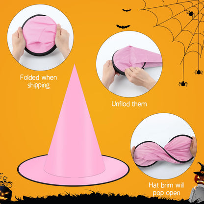 Coneatness 12 PCS Witch Hats with Hanging Rope, 16 PCS 3D Bats Stickers for Halloween Indoor Outdoor Yard Decor, Pink Party Decorations, Wizard Costume for Women