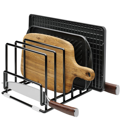 Cutting Board Organizer Rack with 7 Compartments, Heavy-Duty Iron Pan and Baking Sheet Organizer, Kitchen Cabinet Storage Rack with Non-Slip Base, Space-Saving Pot Lid Holder for Countertop & Pantry