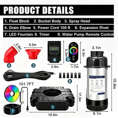 Pond Fountain Aerator,Pond Aerator,with Dynamic LED RGB Lighting Adjustable Modes, Digital Timer | 1 HP 15,000 GPH, 750W 110V, 100FT Cord - for Large Ponds, Lakes & Outdoor Water Features