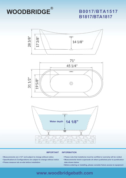 WOODBRIDGE 71" Acrylic Freestanding Bathtub Contemporary Soaking Tub , White Acrylic ( Matte Black Drain/Overflow),B0017 MB Drain &O