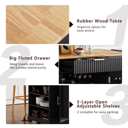 Ball & Cast Fluted Kitchen Island with Trash Can Storage Cabinet,Power Outlet,Internal Storage Rack,Rolling Kitchen Islands On 5 Wheels W/3 Drawers & 3 Open Side Racks for 10 Gallon Garbage Bin,Black