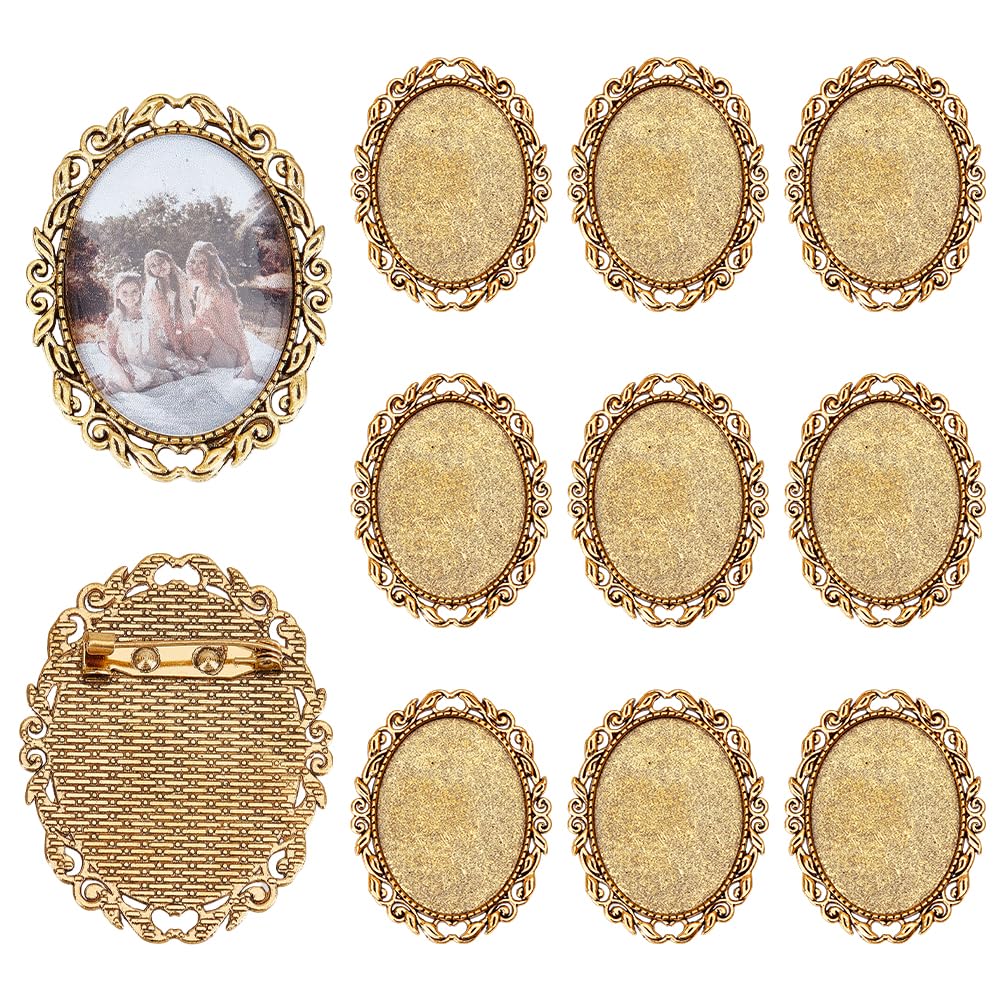 PH PandaHall 10pcs Brooch Cabochon Setting Vintage Brooch Blank Bezel Antique Gold Brooches Pins Trays Oval Cabochon Frame Photo Pin Base for Wedding Bridal Brooches Jewelry Making DIY Craft 51x40x2mm