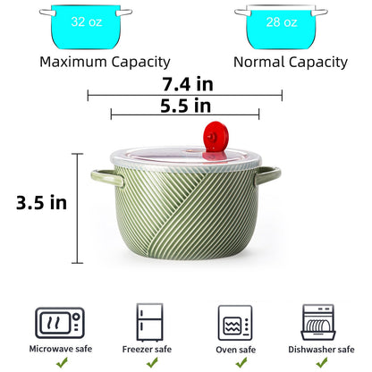 Adewnest Ramen Bowl with Lid: 32oz Ceramic Soup Bowl Set with Spoon & Chopsticks for Instant Food Noodle Office Lunch Dorm Living - Microwave Safe Portable Storage - Green
