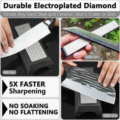 Diamond Sharpening Stone Set & Knife Sharpener Whetstone Kit, Double-Sided 400/1000 Grit Plate with Non-Slip Base & Angle Guide, Portable 3000 Grit Honing Tool for Kitchen Ceramic Knives