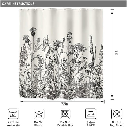 Riyidecor Wild Floral Shower Curtain 72Wx78H, Botanical Flower Plant Art Printed Fabric with Hooks