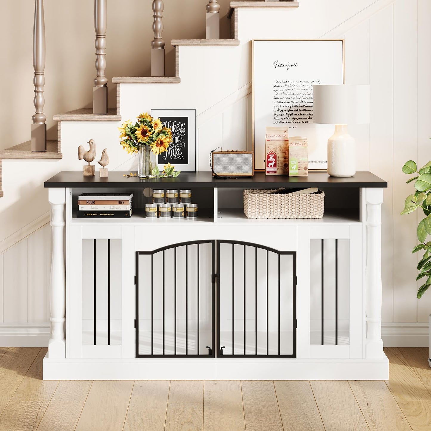 63 Inch Double Dog Crate TV Stand, Heavy Duty Wooden Dog Crate Furniture for 2 Dogs, Dog Kennel Indoor Furniture Ideal for 2 Dogs