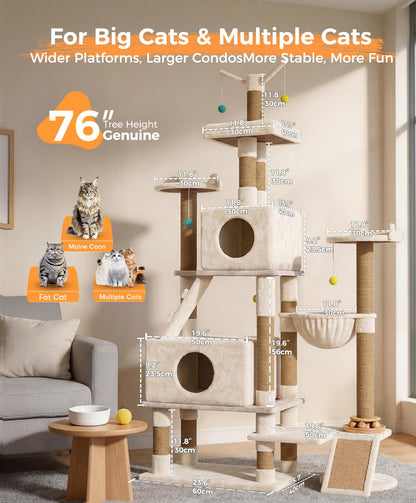 Catlike【Rock-Solid Real Wood】 76“ Tall Cat Tree for Large Cats, No Wobble Even at the Top, Extra-Large Condos for Maine Coons & Big Cats, Indoor Cat Tower with Scratching Posts, Perches & Hammmock