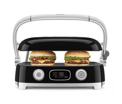 SMEG MGF01 Multi-Use Countertop Electric Grill, with Interchangeable Plates, Panini Press, Waffle Maker & Grill, LCD Display, Sear Function, Adjustable Temperature, 50’s Retro Style – (Black)
