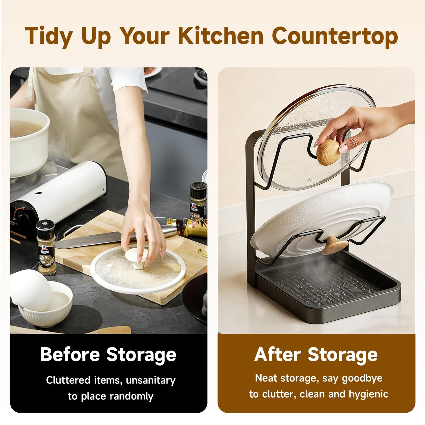LzzzFZCF Kitchen Pot Lid Storage Rack, 2-Tier Lids Holder with Detachable Drip Tray While Cooking, Multifunctional Countertop Organizer for Cutting Boards, Ladles and Pan Covers