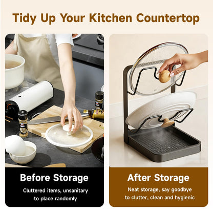 LzzzFZCF Kitchen Pot Lid Storage Rack, 2-Tier Lids Holder with Detachable Drip Tray While Cooking, Multifunctional Countertop Organizer for Cutting Boards, Ladles and Pan Covers