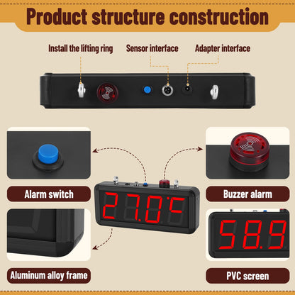 JIAWANSHUN 4" Large LED Industrial Temperature Display, -58℉-212℉ ±0.9℉, ℃/℉ Adjustable Thermometer with Flashing Alert & Independent Switch, for Lab, Aquarium & Freezer