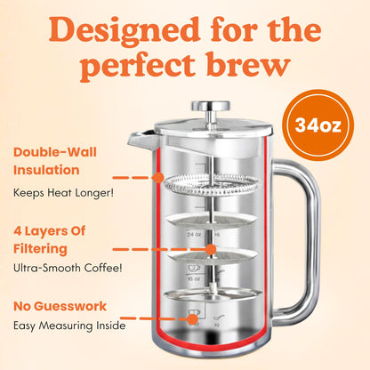 Ziruma Non-Toxic French Press, Surgical Stainless Steel Coffee Press, Plastic-Free, Heavy Metal-Free, No Endocrine Disruptors, 34 Oz, Double Wall, 4-Layer Filter, Portable Coffee Maker