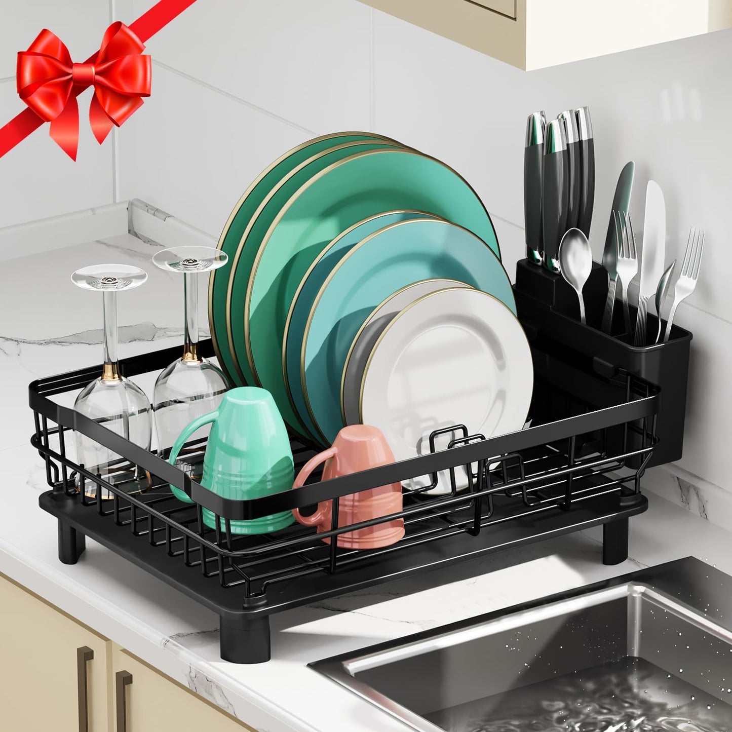 MOUKABAL Dish Drying Rack, Dish Rack, Stainless Steel Dish Racks for Kitchen Counter, Dish Drainer with Removable Utensil Holder, Drainboard (Black,13''W x 17''L)