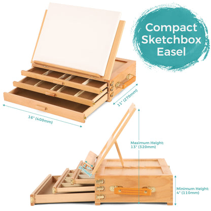 VISWIN Large Tabletop Easel with 3 Storage Drawers, Adjustable Beech Wood Table Top Easel for Painting, Portable Sketch Box for Art Supplies, Desktop Travel Art Easel for Adults, Artists, Students