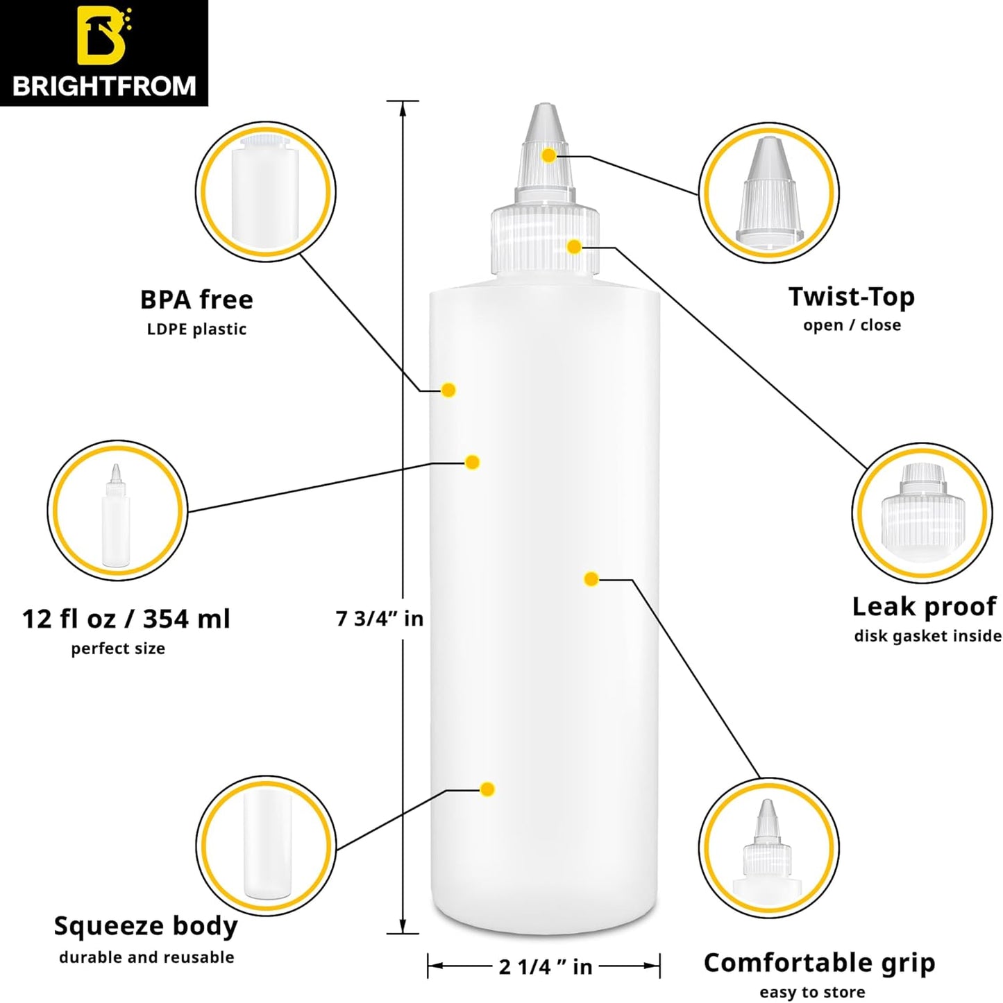 12 OZ 2 PACK BRIGHTFROM Condiment Squeeze Bottles, Empty Squirt Bottles, Clear Twist Top Cap, Leak Proof - Great