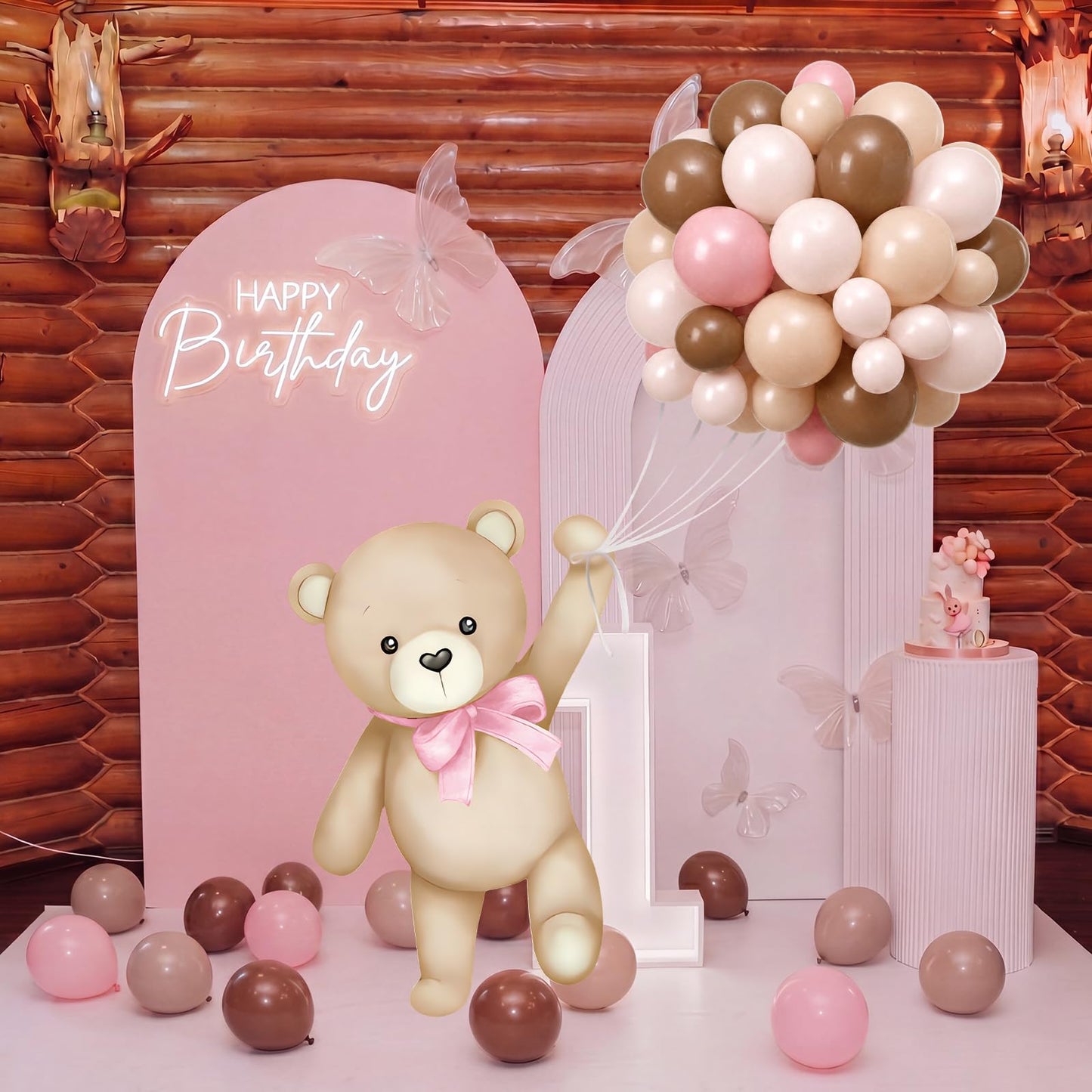 Teyva Daily 43 Pcs Pink Brown Bear Baby Shower Decorations for Girl 31 Bears Cardboard Cutout Stand Decoration Pink and Brown Balloon Stand Kit Gender Reveal Bear Balloons Kit for Baby Shower Birthday