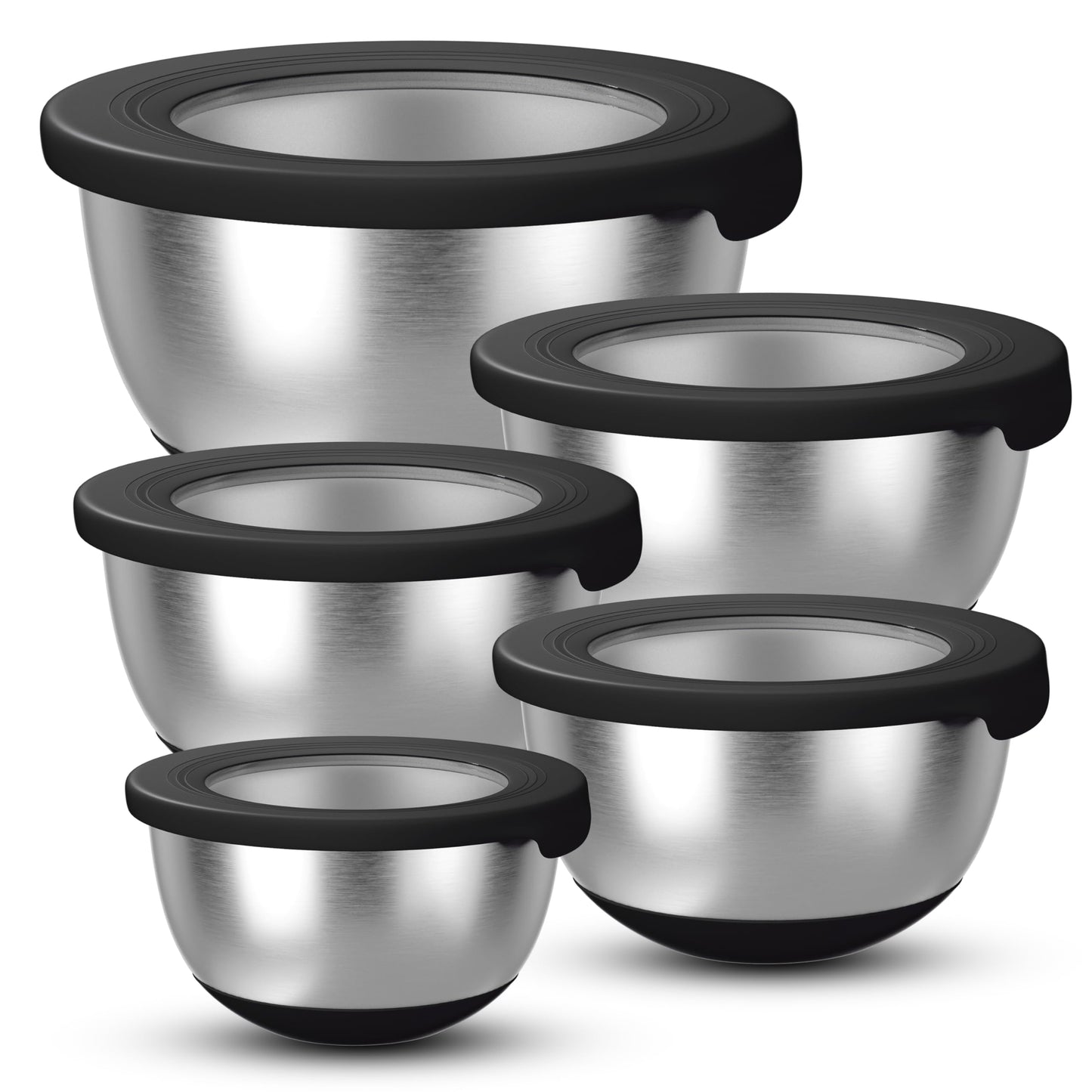 KITEISCAT Stainless Steel Mixing Bowls with Lids – Set of 5 Large Nesting Metal Bowls for Kitchen, Baking, Cooking, Food Prep & Storage, Non-Slip Base, Dishwasher Safe,Black