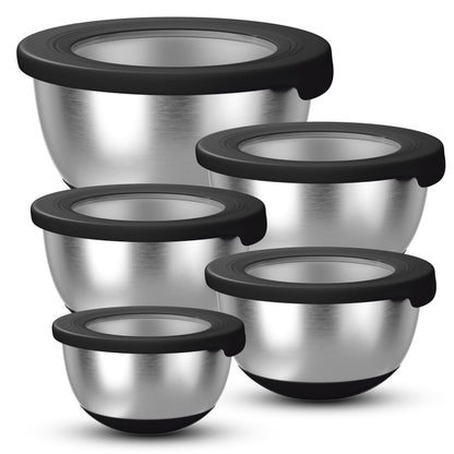 KITEISCAT Stainless Steel Mixing Bowls with Lids – Set of 5 Large Nesting Metal Bowls for Kitchen, Baking, Cooking, Food Prep & Storage, Non-Slip Base, Dishwasher Safe,Black