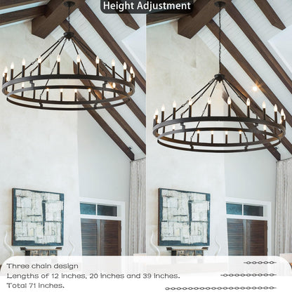 JKLX 53 inch Large Black Wagon Wheel Chandelier,Farmhouse Industrial Country Style Round Pendant Light Fixture,Round Ceiling Light fixtures for Outdoor Porch high Ceilings Living Foyer Entryway