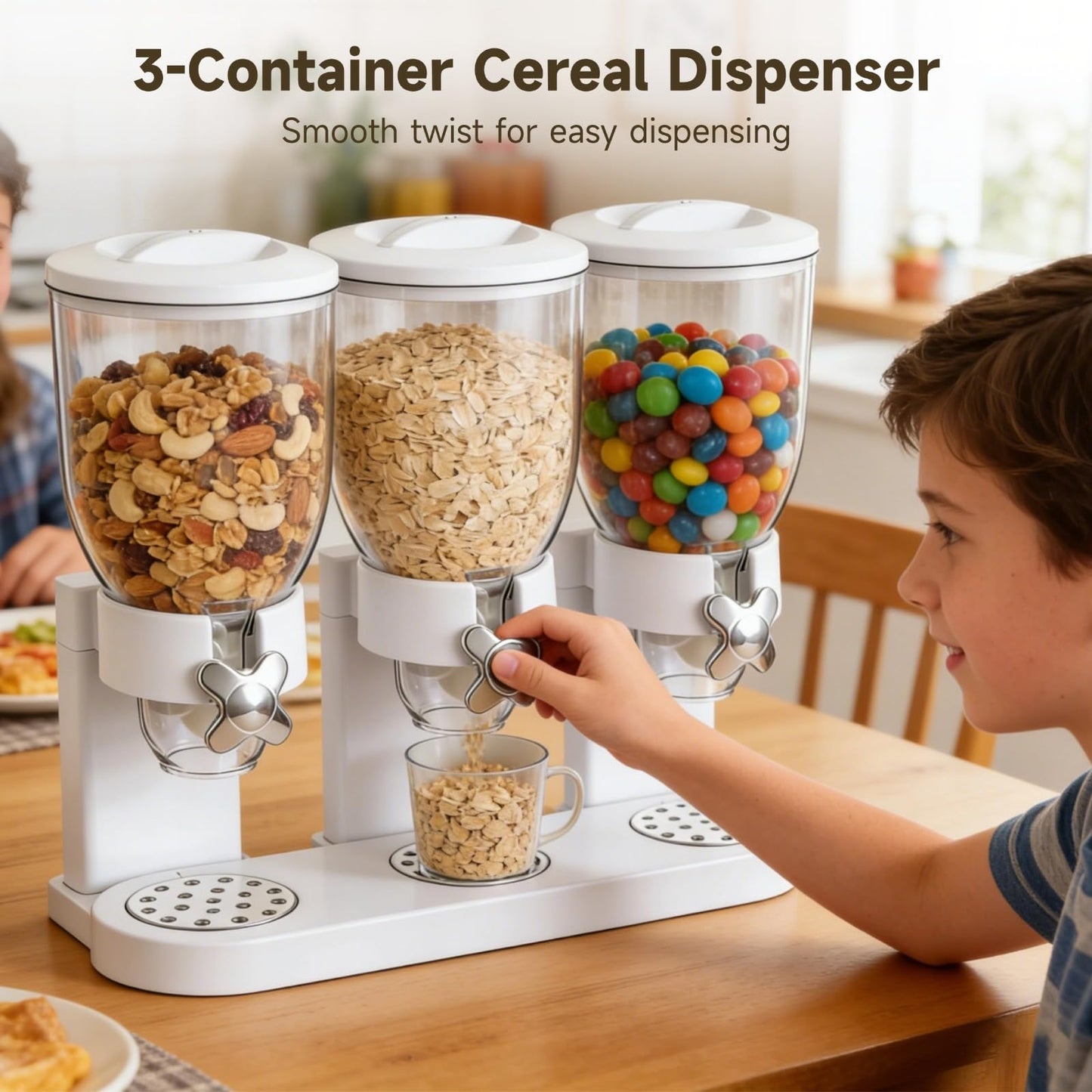 Cereal Dispenser Countertop, 3 Pack 2L/67oz Cereal Dispenser, Airtight Cereal Containers Storage, Rotating White Plastic Dry Food Dispenser, Rice Dispenser, Candy Dispenser for Cereal, Coffee Beans