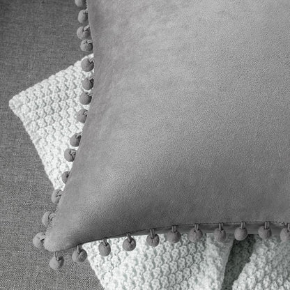 DEZENE Decorative Pillow Cases, 24x24 Light-Grey, 2 Pack Cozy Soft Pom-poms Velvet Square Throw Pillow Covers