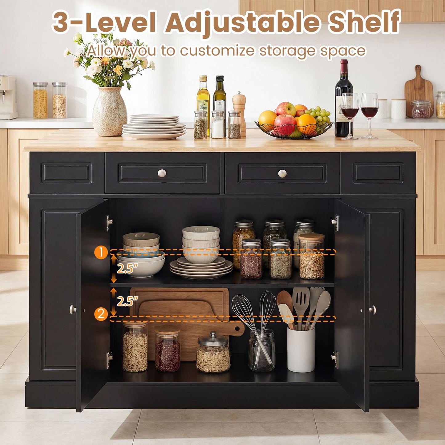 Giantex Kitchen Island with Storage & Drop Leaf, 48" Stationary Island Table with Rubber Wood Top, 2 Drawers, Cabinet, Adjustable Shelf, Butcher Block Island for Living Dining Room, Bar (Black)