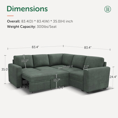 HONBAY Modular Sectional Sleeper Sofa with Pull Out Bed, Corduroy L Shaped Couch with Storage, Sectional Couches for Living Room, Green