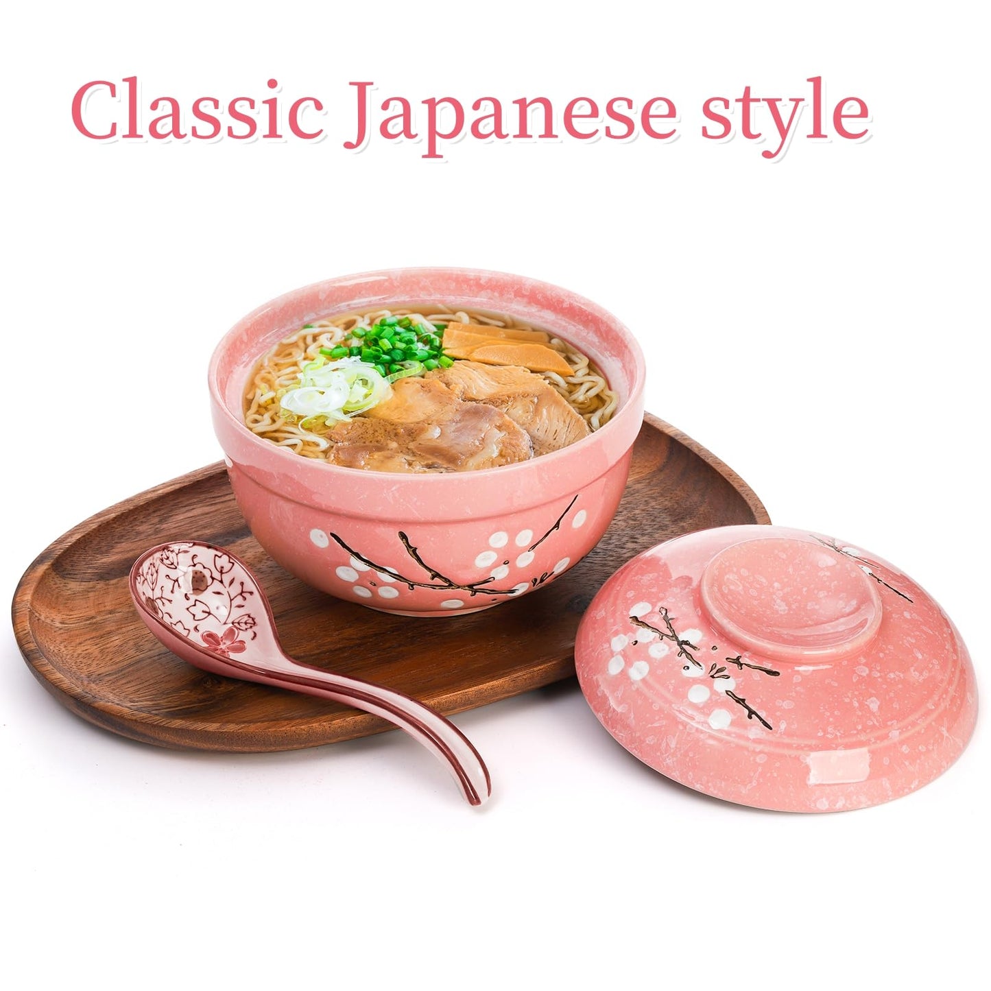 Goaste 2 Pack Ceramic Ramen Noodle Bowl, 27 OZ Big Ramen Bowl with Lid, Japanese Hand-Painted Ceramic Tableware, Durable Floral Soup Bowl for Noodles, Porridge, Rice, Dishwasher Safe(Pink, Cyan Blue)
