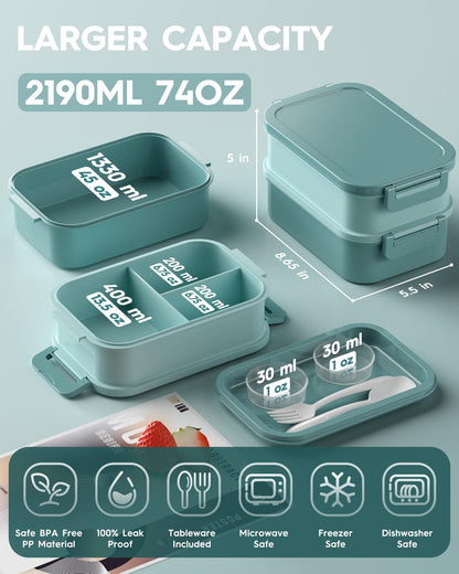 KEMETHY Adults Bento Lunch Box Set with Thermo Bag, 74oz Stackable Leak-proof 3-tiers Bento Box, Built-in Utensil and Sauce Container for Work, School, Dining Out (Green)
