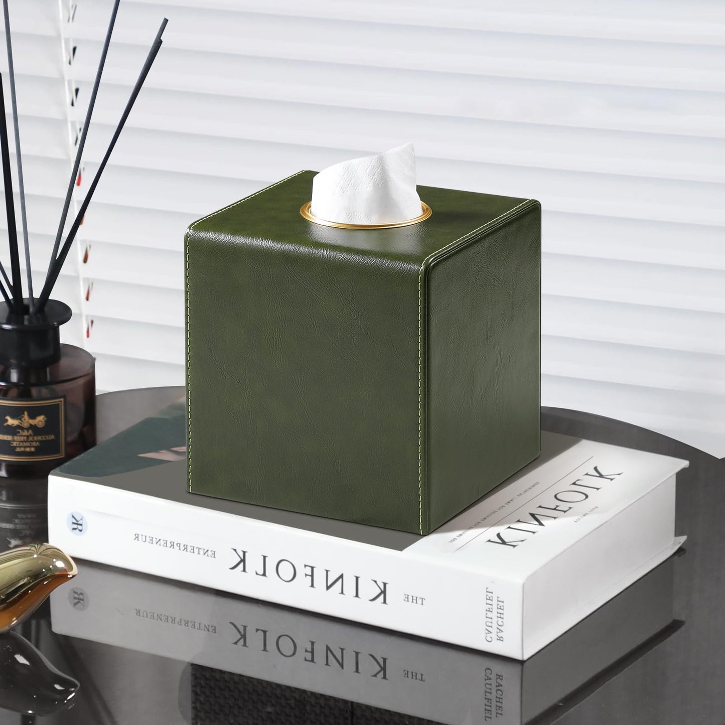 MEIBOOCH Square Tissue Box Cover, Luxury PU Leather Tissue Holder with Magnetic Closure (Dark Green)