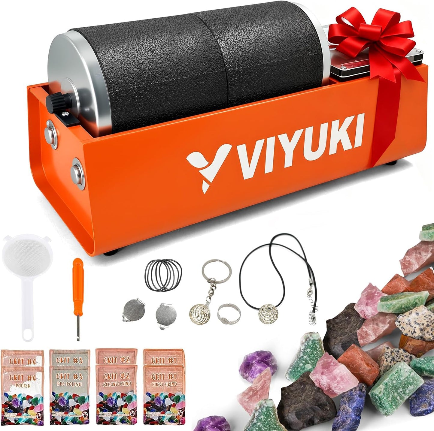 VIYUKI Professional Rock Tumbler Kit - Double Drum 6LB Rock Polisher(Double Barrel), Includes Rough Gemstones, 8 Polishing Grits, Jewelry, Learning Guide, Ideal Gift for Adults & Collectors