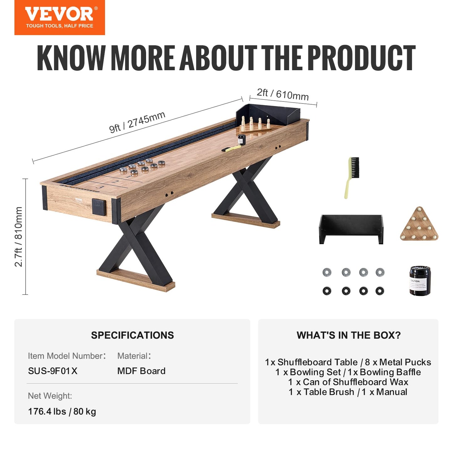 VEVOR Shuffleboard Table, 9 ft Shuffleboard for Family Game Rooms, 2 in 1 Shuffleboard and Bowling Combo Game Set, with Scratch-Resistant Playfield, Legs, 8 Pucks, Bowling Set, Wax, and Table Brush