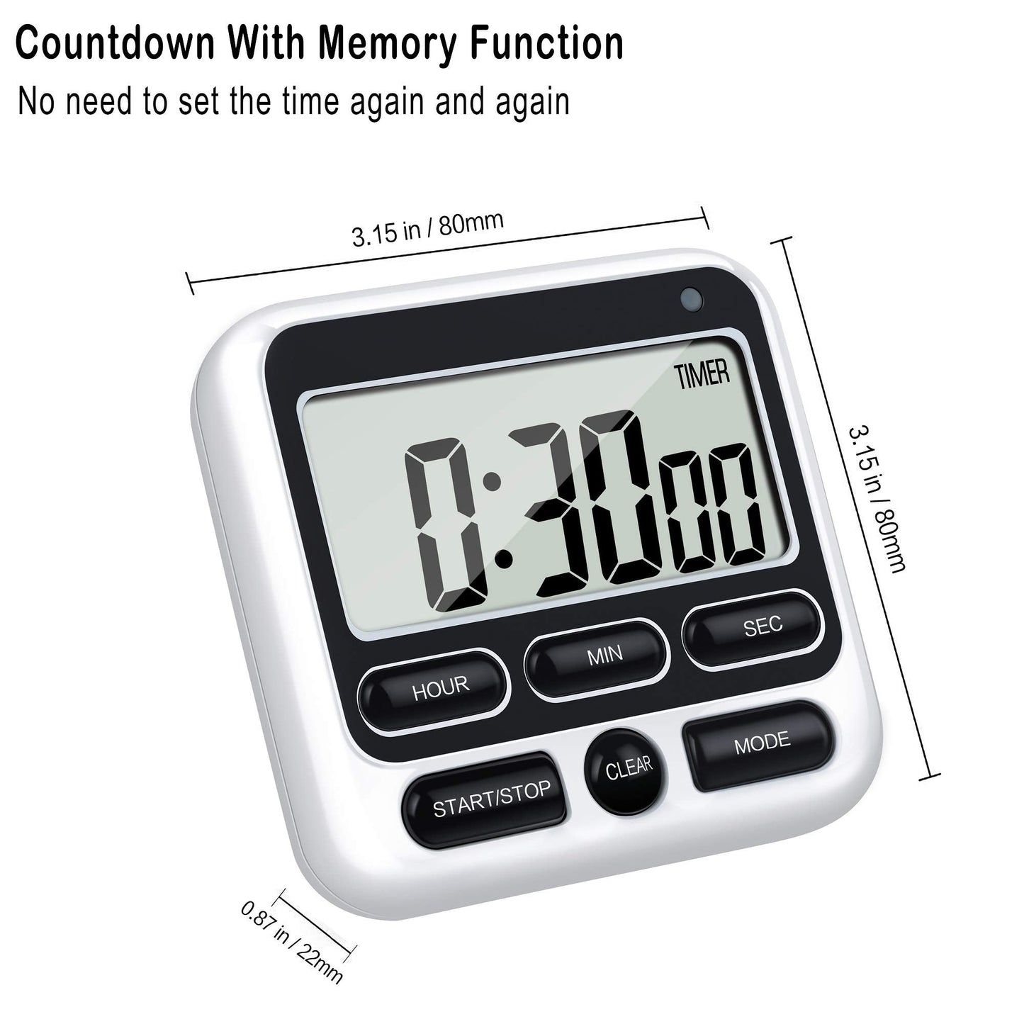 KTKUDY Digital Kitchen Timer with Mute/Loud Alarm Switch ON/Off Switch, 12-Hour Clock & Alarm, Memory Function Count Up & Count Down for Kids Teachers Cooking, Large LCD Display, Strong Magnet (Black)