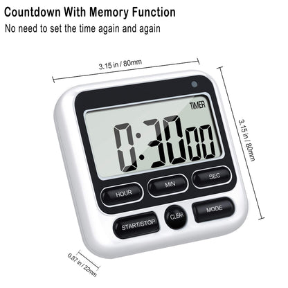 KTKUDY Digital Kitchen Timer with Mute/Loud Alarm Switch ON/Off Switch, 12-Hour Clock & Alarm, Memory Function Count Up & Count Down for Kids Teachers Cooking, Large LCD Display, Strong Magnet (Black)