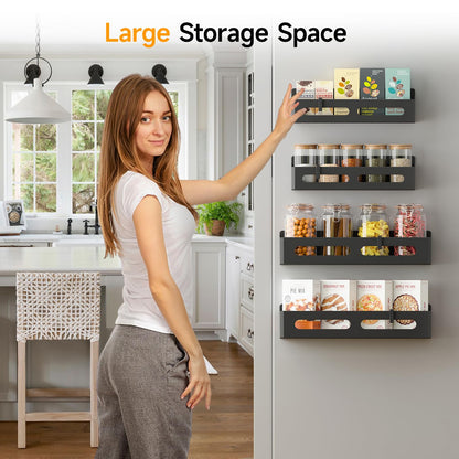 Sevenblue 4 Pack Magnetic Spice Rack for Refrigerator, Spice Rack Organizer, Moveable Magnetic Shelf Fridge Organizer with 4 Hooks for Kitchen and Oven Organization, Black