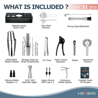 HMYBAR® Bartender Kit with Black Bamboo Stand, 31-Piece Cocktail Shaker Set, 20/28 oz Boston Shaker Set for Home Bar, Mixology Bar Tool Set with 39 Recipe Cards
