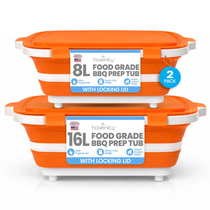 Havenity BBQ Prep Tub 2 Pack (8L+16L) - Multifunctional Collapsible Camping Cutting Board with Upgraded Locking Lid, Meal Prep Meat Storage Container Perfect for Grilling, Outdoor (Large + XL)