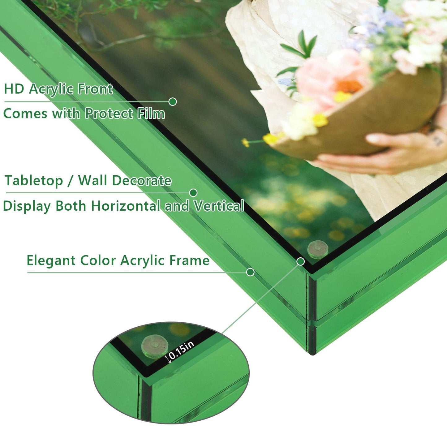 5x7 Acrylic Picture Frame Green - Clear Floating Photo Frames for 5 x 7 Inches Art Print - Individual for Tabletop Display - With Hangers for Wall Mount Horizontal or Vertical - 1 Pack