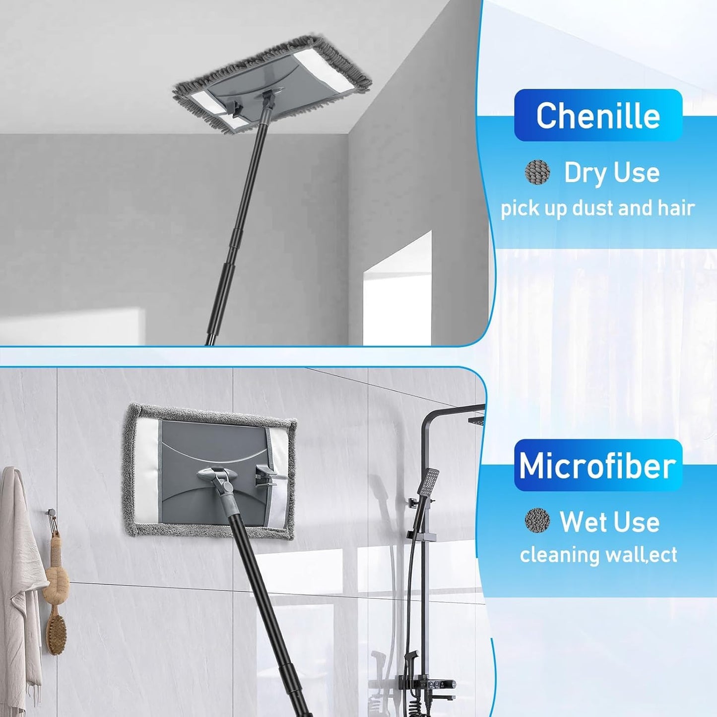 19" Wall Cleaner Mop with Long Handle for Wall Ceilings Floor Cleaning