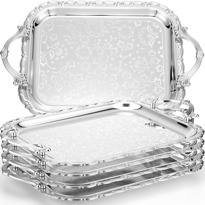 Ferrochef 4 Pcs Silver Serving Tray with Handles Elegant Victoria Floral Engraved Metal Platters Large Decorative Trays for Buffet,Wedding Party, Jewelry Display, Service(Classic,Sliver)