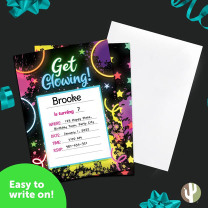 Desert Cactus Neon Happy Birthday Invitations - Invite Cards (10 Count) with Envelopes for Kids Party