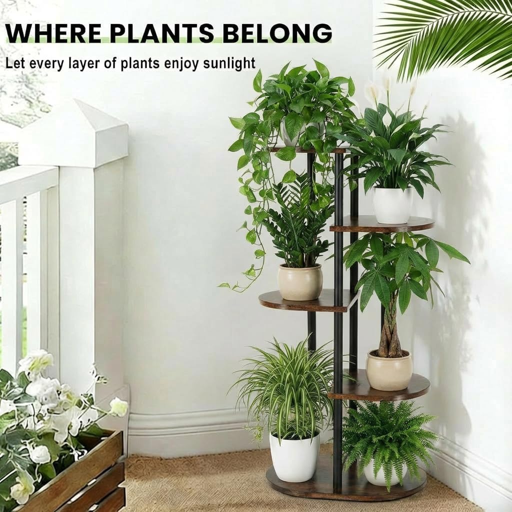 Korrie Home 5 6 Tiered Plant Stand Indoor, Tall Tier Potted Wooden Plant Shelf for Multiple Flower Plants, Multi Corner