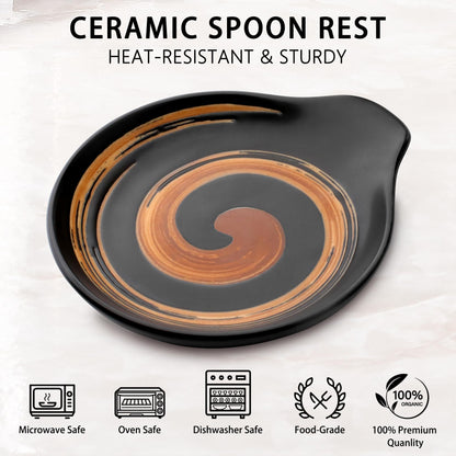 VanlonPro Ceramic Spoon Rest, 5 Inch Spoon Holder for Stove Top, Kitchen Counter, Utensils, Ladle, Coffee Spoons, Cooking spoons, Spatula, Housewarming Gifts, Black & Hand-painted Swirl