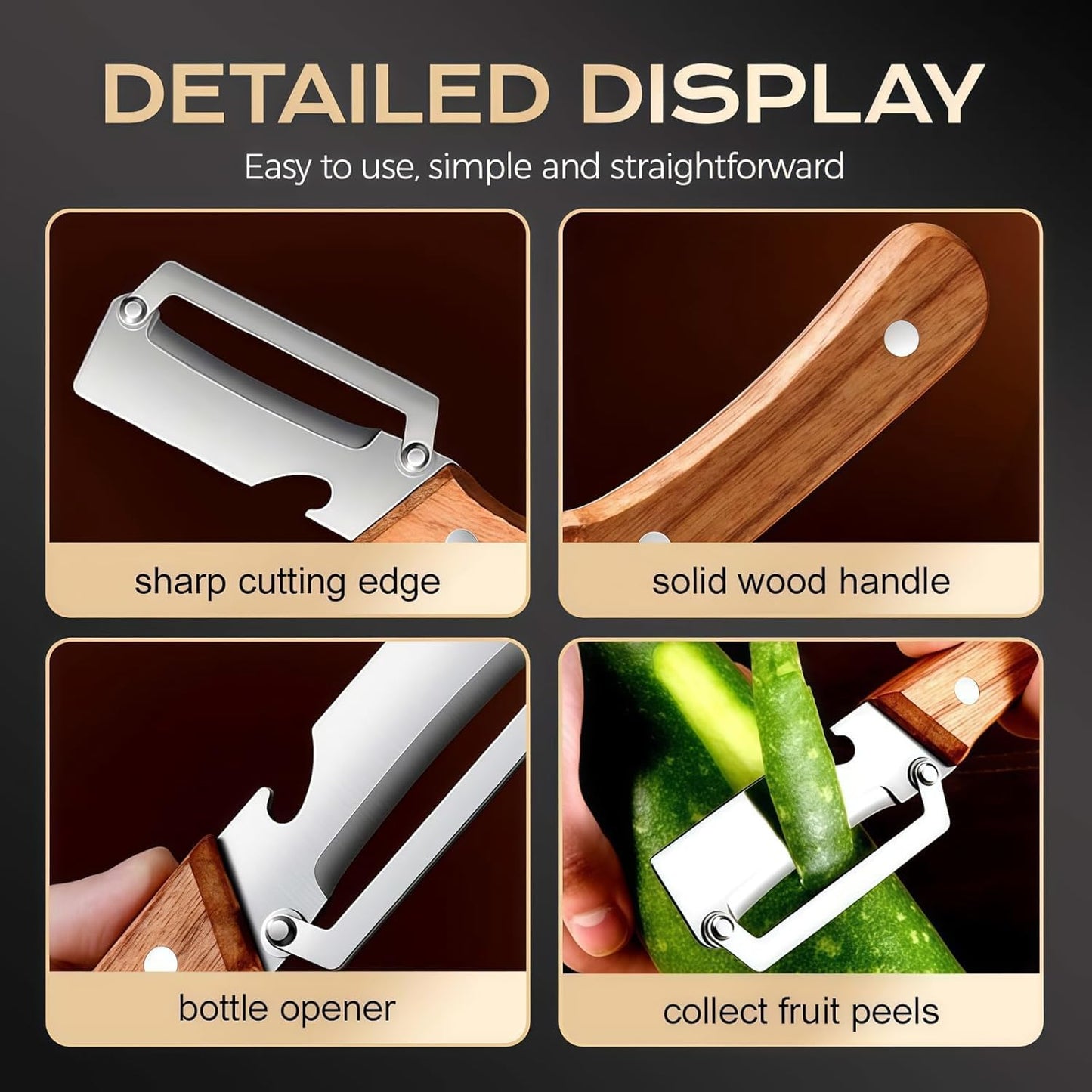 2Pcs Multifunctional Vegetable Peeler for Kitchen, 2-in-1 Stainless Steel Vegetable Peeler with Wooden Handle and Bottle Opener, Stainless Steel Blade, Non-Slip Kitchen Vegetable and Fruit Peeler
